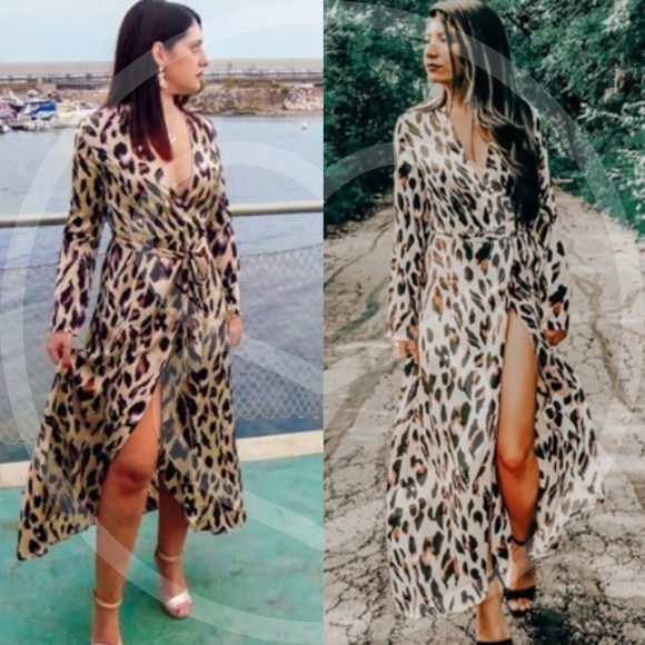 Leopard Print Satin Wrap Maxi Dress boho v neck - Picture 2 of 4
